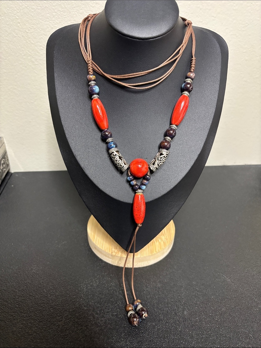Boho Red Blue Stone Southwestern Beaded Statement Necklace Adjustable Cord